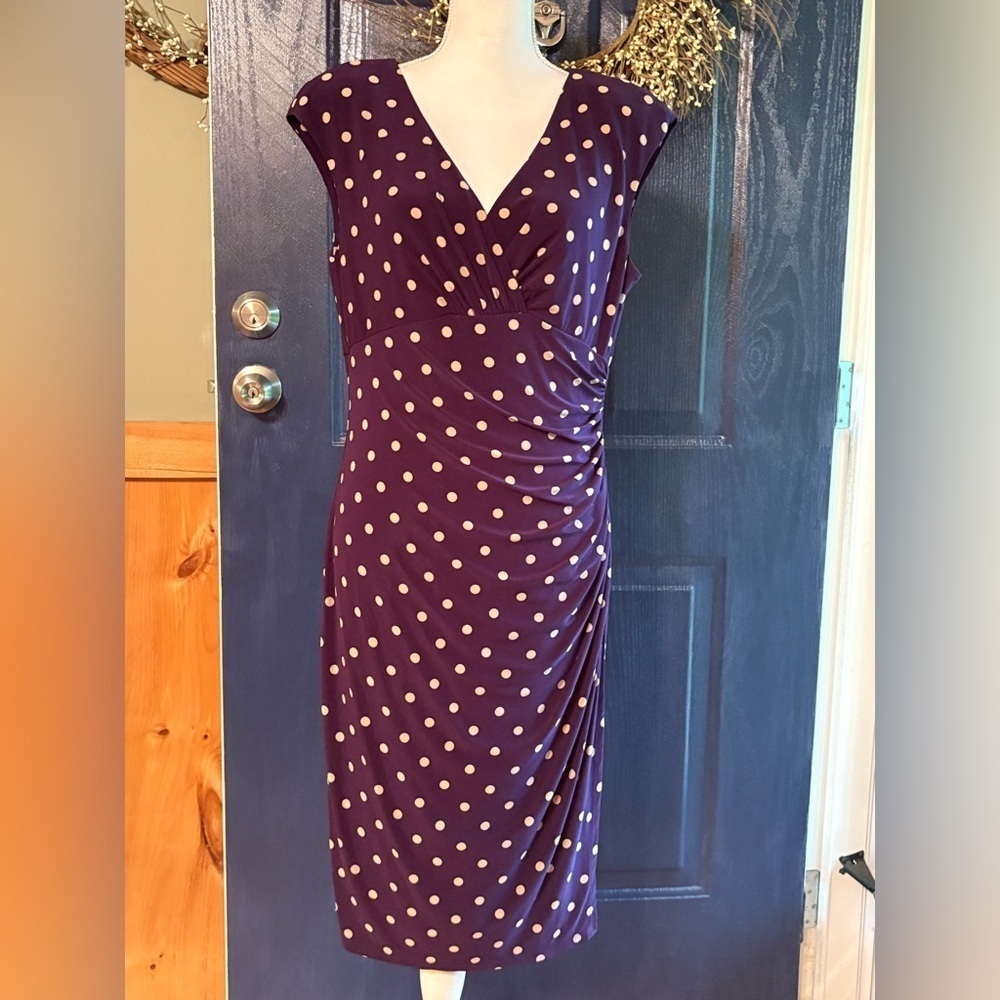 Ralph Lauren Purple Ruched Sheath Dress V-Neck Cap Sleeve